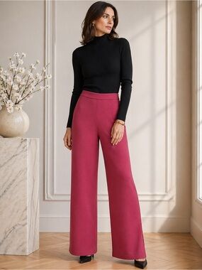 St. John Collection Santana Knit Wide-Leg Pants Parisian Pink Quiet Luxury Sz 2